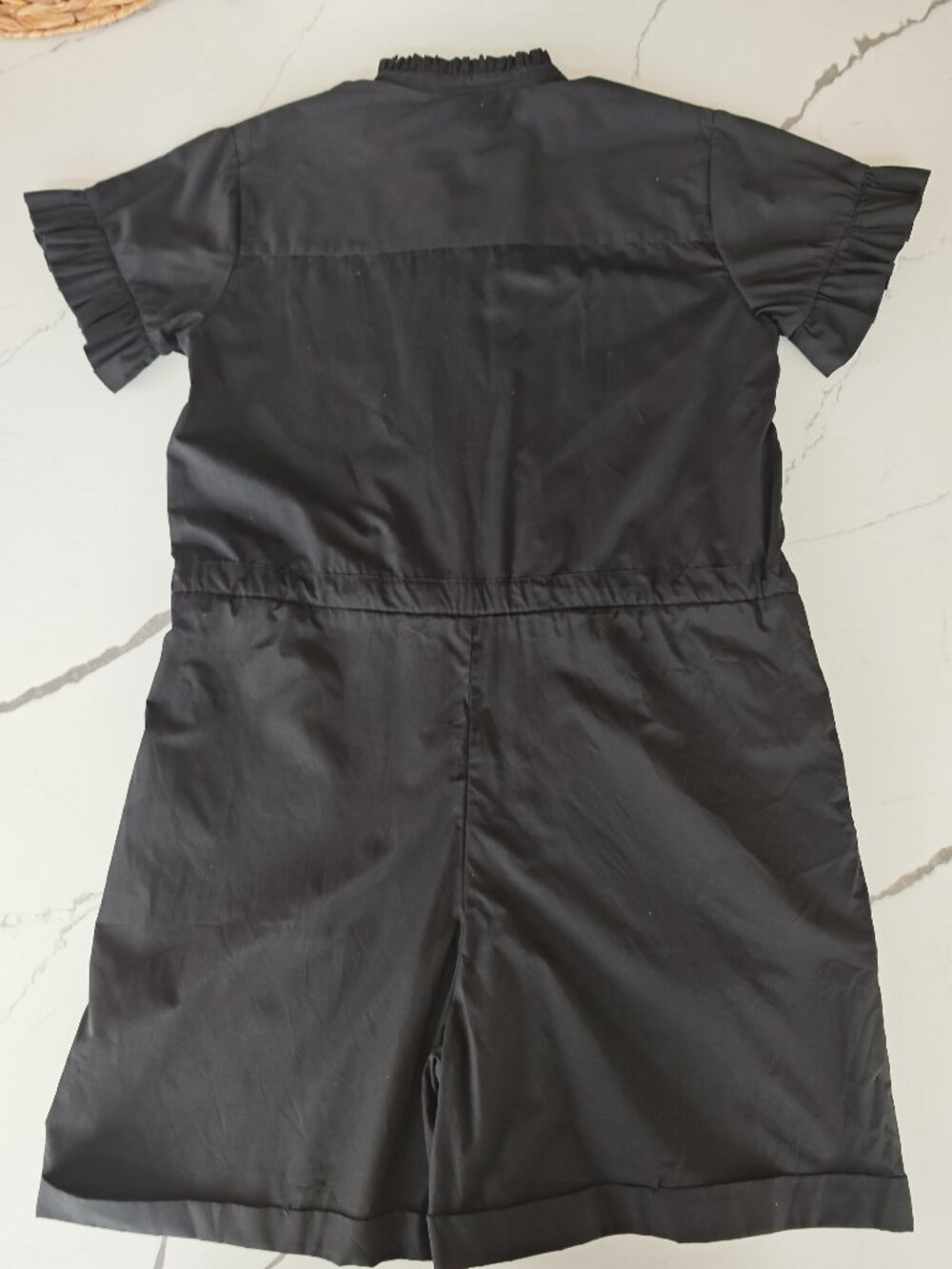 French Connection Black Ruffle Button Front Romper Dress Size 4 | Cinched Waist - Picture 9 of 11